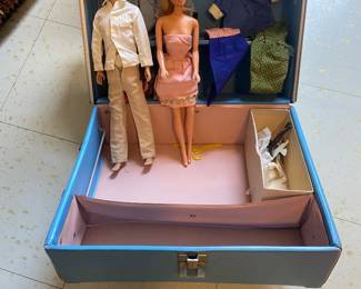 Barbie, Ken, clothes and case