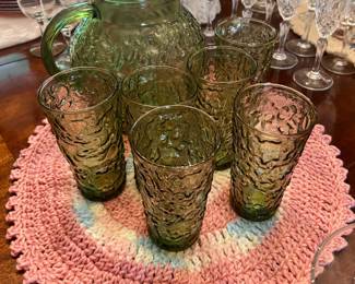 Anchor Hocking Lido Milano Green Pitcher & Glasses