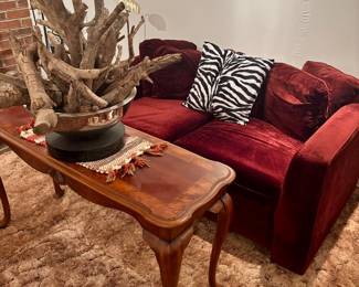 Burgundy Velvet Loveseat, Queen Anne Style Sofa Table, Abstract Wood Centerpiece