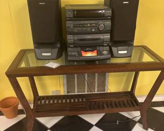 Wood Frame Hallway Table & Stereo w/ Speakers