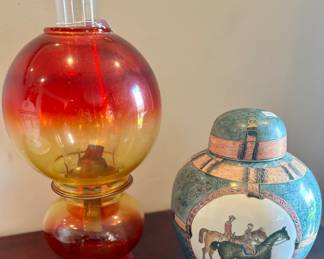 Vintage Amberina Gone With The Wind Lamp and Hand Painted Jar