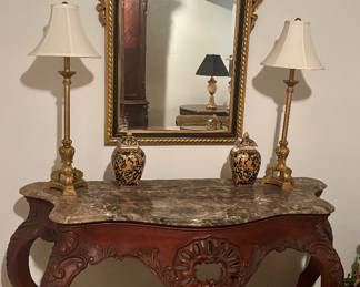 Gold Gilded and Beveled Mirror, Matching Lamps and Ginger Jars, & a Large Marble Topped Ornate Mahogany Console