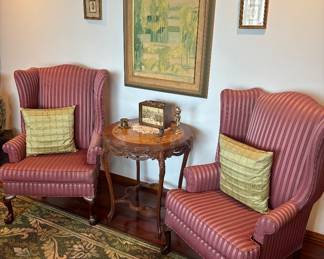 Pair Striped Wing Back Chairs