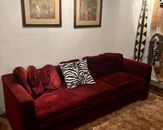 Burgundy Velvet Sofa & Pair of Matching Prints