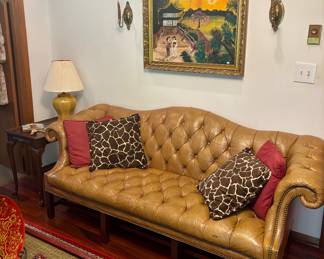 Tan Tufted Leather Chesterfield Sofa