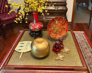 Ming Style Table with a Metal Top. Brass Apple Container.