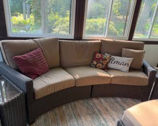 BarcaLounger curved wicker sofa & 2 end tables