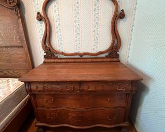 Antique tiger-oak dresser with mirror