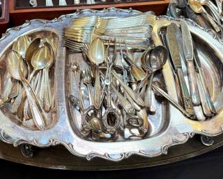 Silver Plate Flatware and Tray