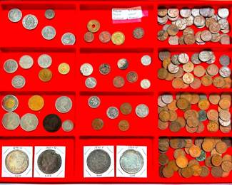 Whole Tray - Morgan & Peace Dollars, Wheat Pennies, Foreign Coins