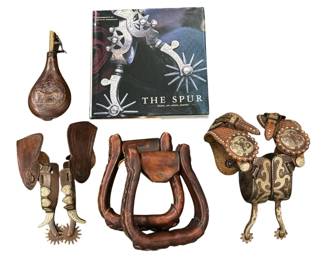 Vintage Southwestern Equestrian Articles, Spurs, Stirrups, Powder Flask