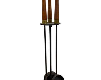 Mid Century Walnut, Brass and Iron Fireplace Tool Set 