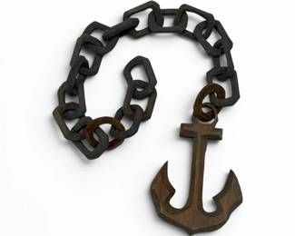 Nautical Folk Art Hand Carved Anchor & Chain 