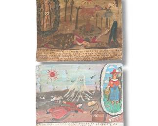 Two Mexican Folk Art Ex Voto Retablo Paintings