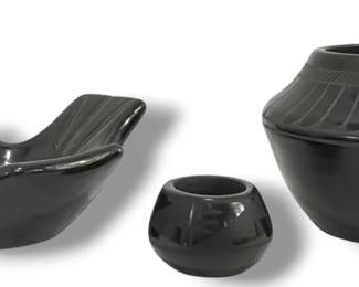 Three Native American Blackware Pottery Vases, Santa Clara & Navajo