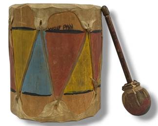 Cochiti Pueblo Native American Hide Drum and Stick, 1933