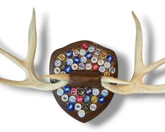 POPS CASEY (American, 20th C.) Folk Art Beer Bottle Cap Taxidermy Antler Mount