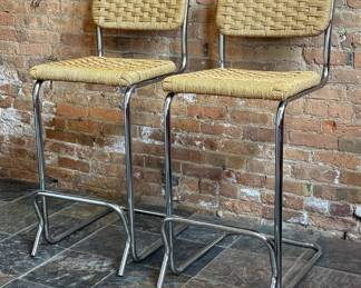 Mid Century Italian Chrome and Rattan Bar Stools, Pair