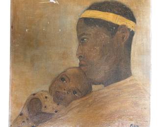 Self Taught Black Americana Folk Art Mother and Child Oil Painting