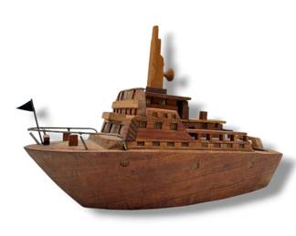 Folk Art Carved Wood Model Fishing Boat