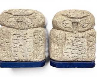 Mid Century Folk Art Carved Stone Owl Sculptures