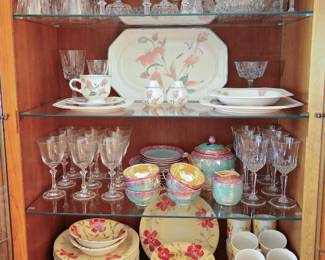 Fine Crystal, China & Vintage Japanese Lusterware Collection A beautiful collection of crystal stemware, fine china, and vintage serving pieces displayed in the Drexel Heritage Francesca china cabinet. Top Shelf Royal Brierley Crystal in the highly desirable Ascot Pattern Includes stemware, champagne coupes, crystal serving pieces, and crystal ice bucket Elegant English crystal known for its exceptional craftsmanship and brilliance Second Shelf Mikasa "Silk Flowers" Pattern china service for eight Includes dinner plates, salad plates, bowls, cups, saucers, serving platter, and coordinating serving pieces Soft floral pattern with timeless appeal Third Shelf Additional fine crystal stemware and serving pieces Vintage 1930s Japanese Lusterware tea set by Takito Shokai Company Includes teapot, creamer, sugar bowl, cups, saucers, and coordinating pieces with colorful iridescent finish
