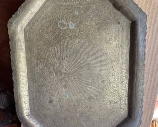Octagonal Brass Tray with Peacock Motif