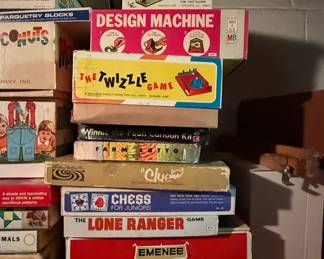 Collection of Vintage Board Games Design Machine, The Twizzle Game, Master Mind, Clue, Chess for Juniors, The Lone Ranger, Batman Traceagraph