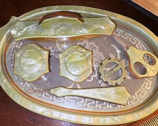 Vintage Celluloid Vanity Set  Green Marble Pattern second image