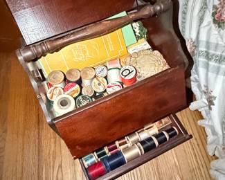 Wooden Sewing Box with Spools and Notions second image