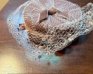 Vintage Brown Felt Pillbox Hat with Dotted Veil and Velvet Bow