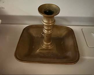 Antique Brass Chamber Candlestick Holder with Square Drip Pan and PushUp Ejector
