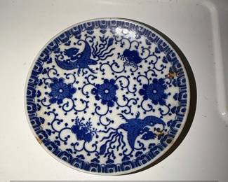 Vintage Blue and White Porcelain Plate with Phoenix Design, Made in Japan
