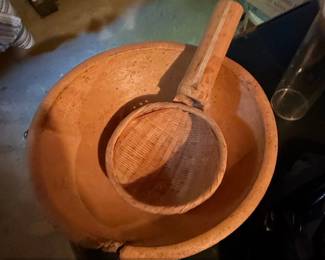 Antique Terracotta Mortar and Pestle with Woven Sieve