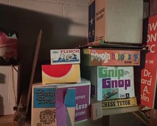 Collection of Vintage Board Games including Flinch, Poppin Hoppies, Gnip Gnop, Chess Tutor, Bonny Bridge, and Swinging Wonder