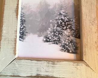 Rustic Wood Framed Winter Landscape Art Print with Twinkling Lights