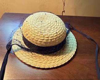 Woven Straw Boater Hat with Veil and Ribbon