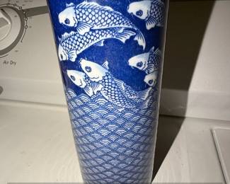 Takahashi Blue and White Porcelain Vase with Koi Fish and Wave Pattern