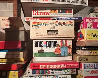 Collection of Vintage Board Games including Ants in the Pants, Spirograph, Monkeys and Coconuts, Masterpiece, Bible Game, Hop Pop, and The Last Straw