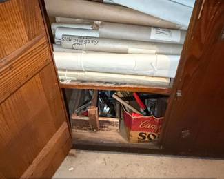 Vintage Drafting and Surveying Supplies in Wooden Cabinet