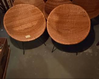 Set of Five MidCentury Modern Wicker Hoop Chairs with Metal Legs