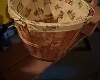 Vintage Wooden Bushel Basket with Pastoral Print Fabric Liner