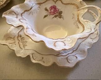 Vintage Porcelain Gravy Boat with Saucer and Rose Motif  Kaiser