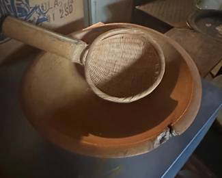 Vintage Wooden Salad Bowl with Handwoven Bamboo Strainer Ladle