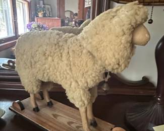 Vintage Wool Sheep Pull Toy on Wooden Base