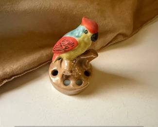 Vintage Ceramic Parrot Flower Frog Figurine, Made in Japan