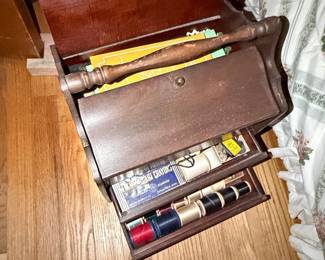 Wooden Sewing Box with Spools and Notions