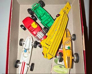 Collection of Vintage DieCast Race Cars and Trailer, including Aurora TJet and Zee Toys