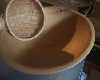 Vintage Wooden Salad Bowl with Handwoven Bamboo Strainer Ladle second image