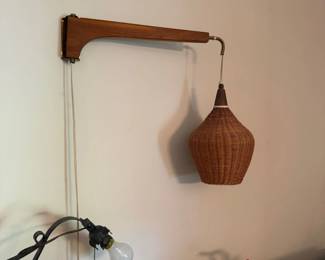 MidCentury Modern Teak and Wicker Swing Arm Wall Sconce